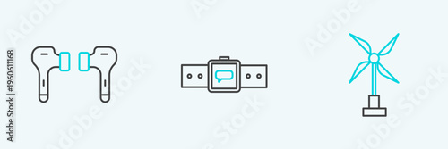 Set line Wind turbine, Air headphones and Smartwatch icon. Vector