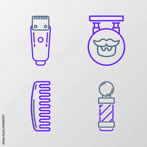 Set line Classic Barber shop pole, Hairbrush, Barbershop and Electrical hair clipper or shaver icon. Vector