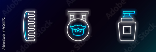 Set line Bottle of shampoo, Hairbrush and Barbershop icon. Glowing neon. Vector