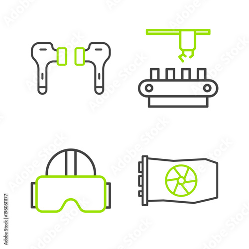 Set line Video graphic card, Virtual reality glasses, Factory conveyor system belt and Air headphones icon. Vector