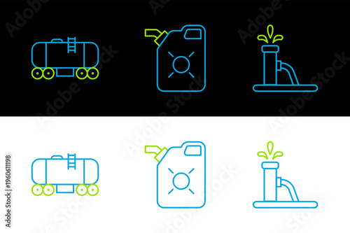 Set line Oil pump or pump jack, railway cistern and Canister for motor oil icon. Vector