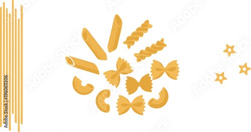 Cartoon pasta collection with spaghetti, penne, fusilli, farfalle, macaroni, and star shapes in colorful vector illustration