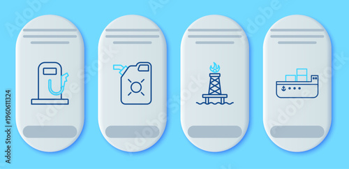Set line Canister for motor oil, Oil rig with fire, Petrol gas station and tanker ship icon. Vector