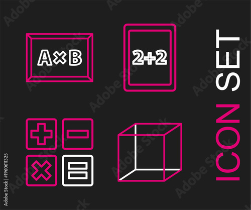 Set line Geometric figure Cube, Calculator, Tablet with calculator and Chalkboard icon. Vector