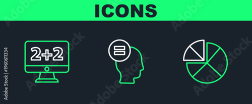Set line Graph, schedule, chart, diagram, Equation solution and Calculation icon. Vector