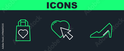 Set line Woman shoe, Shopping bag with heart and Heart and cursor click icon. Vector