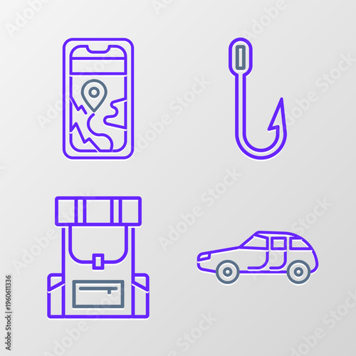 Set line Car, Hiking backpack, Fishing hook and City map navigation icon. Vector