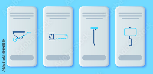 Set line Hand saw, Metallic nail, Wheelbarrow and Sledgehammer icon. Vector