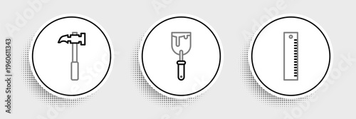 Set line Ruler, Claw hammer and Putty knife icon. Vector