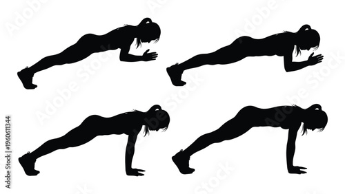 Silhouette illustrations depicting a woman performing a push up exercise in four stages