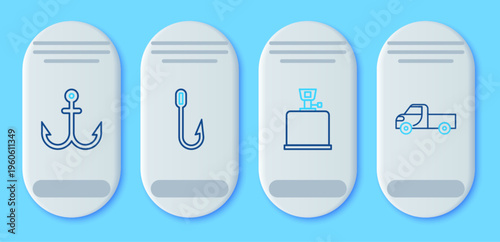 Set line Fishing hook, Camping gas stove, Anchor and Pickup truck icon. Vector