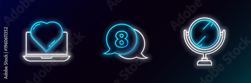 Set line Round makeup mirror, Online dating app and chat and 8 March speech bubble icon. Glowing neon. Vector