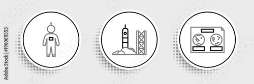 Set line Celestial map of the night sky, Astronaut and Rocket launch from spaceport icon. Vector