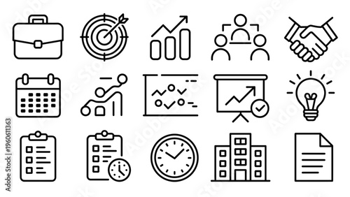 Minimal Business & Management Line Icons Set Corporate Strategy and Office Symbols