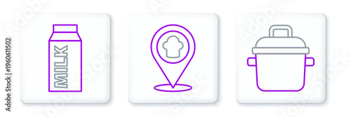 Set line Cooking pot, Paper package for milk and Chef hat with location icon. Vector