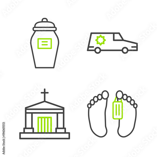 Set line Dead body, Old crypt, Hearse car and Funeral urn icon. Vector