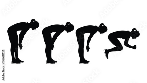 Silhouette series depicting a person progressively collapsing or falling forward