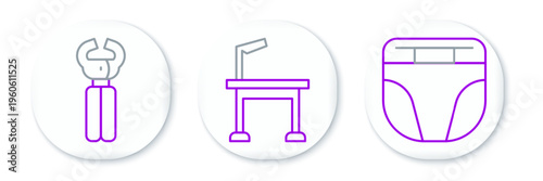 Set line Diaper for dog, Pet nail clippers and grooming table icon. Vector