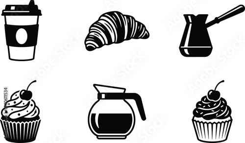 Black and white coffee and pastry icons set, café breakfast illustration, cupcake croissant design, Turkish coffee pot, kitchen food art