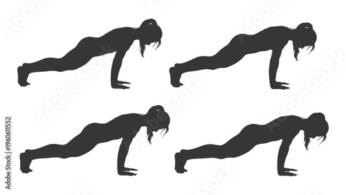 Four stages of a woman performing a push up exercise shown in silhouette