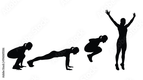 Silhouette of a woman performing a burpee exercise sequence in four stages