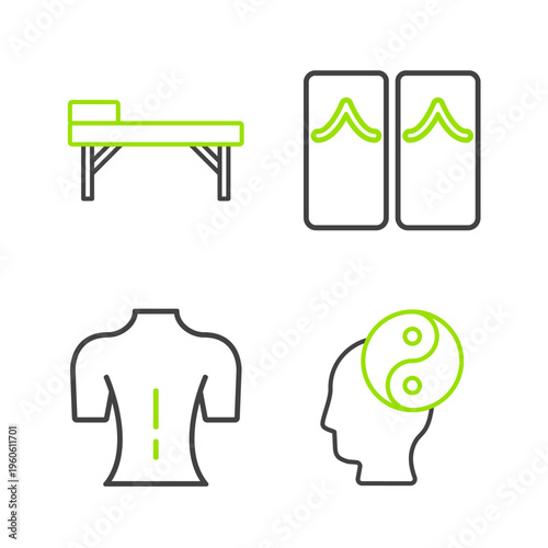 Set line Yin Yang, Massage, Flip flops and table icon. Vector