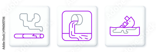 Set line Wrecked oil tanker ship, Cigarette and Wastewater icon. Vector