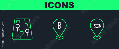 Set line Location with coffee cup, City map navigation and icon. Vector