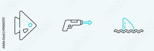 Set line Shark fin in ocean wave, Fish and Fishing harpoon icon. Vector