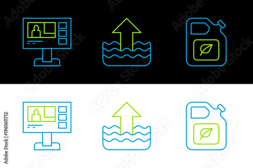 Set line Bio fuel canister, Television report and Rise in water level icon. Vector