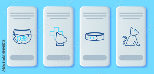 Set line Veterinary clinic symbol, Collar with name tag, Aquarium fish and Cat icon. Vector