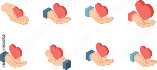 Isometric 3D Hand Holding Heart Icon Set for Digital Charity Donations, Healthcare Support, Social Media Appreciation, and Modern Business Giving Concept Illustrations