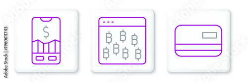 Set line Credit card, Mobile stock trading and Bitcoin browser icon. Vector