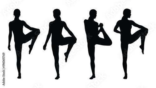 Silhouettes of four people performing different yoga poses against a white background