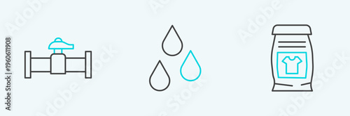 Set line Laundry detergent, Industry pipe and valve and Water drop icon. Vector