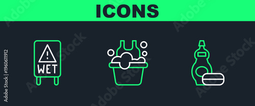 Set line Dishwashing liquid bottle, Wet floor and Basin with soap suds icon. Vector