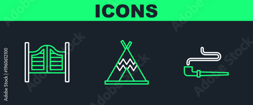 Set line Smoking pipe, Saloon door and Indian teepee wigwam icon. Vector
