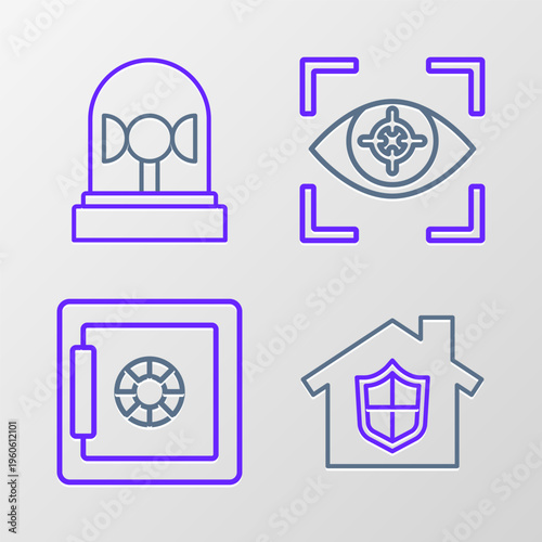 Set line House under protection, Safe, Eye scan and Flasher siren icon. Vector