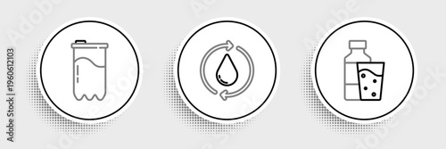 Set line Bottle of water with glass, Water filter cartridge and Recycle clean aqua icon. Vector