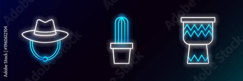 Set line Drum, Western cowboy hat and Cactus peyote in pot icon. Glowing neon. Vector