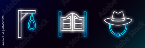 Set line Western cowboy hat, Gallows and Saloon door icon. Glowing neon. Vector