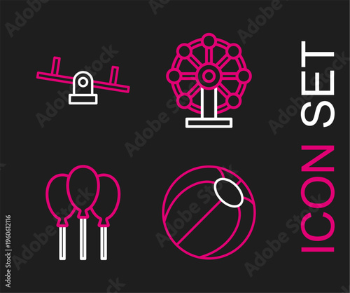 Set line Beach ball, Balloons with ribbon, Ferris wheel and Seesaw icon. Vector