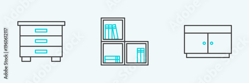 Set line Chest of drawers, Furniture nightstand and Shelf with books icon. Vector