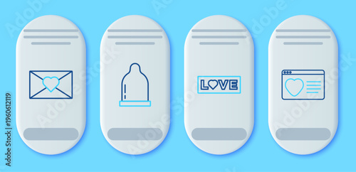 Set line Condom, Love text, Envelope with Valentine heart and Dating app online icon. Vector