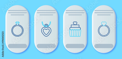 Set line Necklace with heart shaped, Wedding cake, Diamond engagement ring and rings icon. Vector