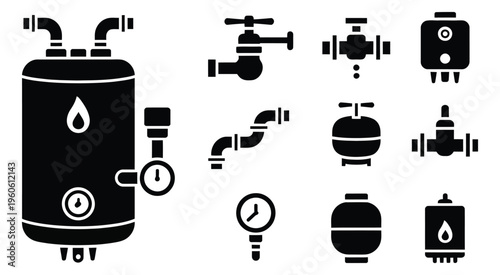 Water heater valves plumbing components silhouettes, black solid pipe fittings symbols