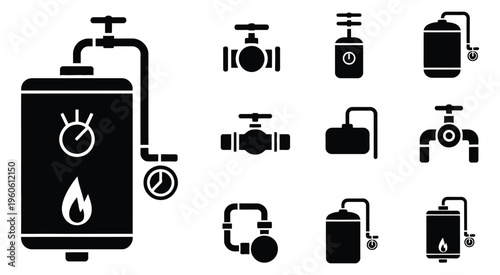 Water heater valves plumbing components silhouettes, black solid pipe fittings symbols