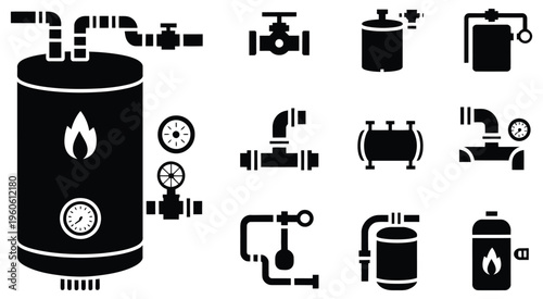 Water heater valves plumbing components silhouettes, black solid pipe fittings symbols