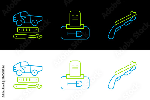 Set line Police shotgun, Car theft and Grave with tombstone icon. Vector