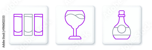 Set line Bottle of cognac or brandy, Shot glass and Wine icon. Vector